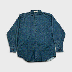 Vintage 90s Shirt Mens Medium Blue Geometric Western Long Sleeve Button Up