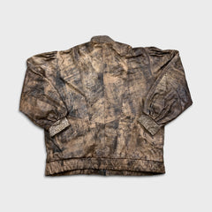 Vintage 90s Leather Jacket Mens Medium Brown Faded Aztec Geometric Print Bomber Coat