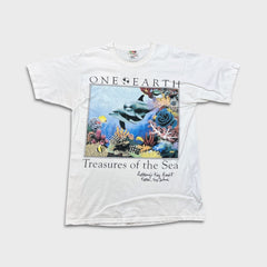 Vintage Y2K One Earth Treasures of Sea T Shirt Mens Medium White Dolphin Graphic Tee