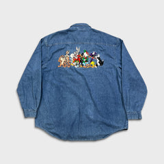 Vintage 1993 Looney Tunes Novel Teez Denim Shirt Mens XL Blue Tune Squad Button Up