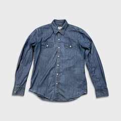 Levi's Barstow Western Denim Shirt Mens Medium Blue Dark Wash Stretch Pearl Snap