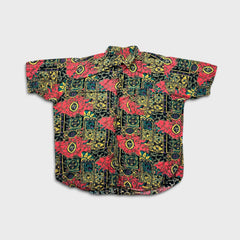 Vintage 90s Hawaiian Shirt Mens Large Red Abstract Floral Geometric AOP Button Up