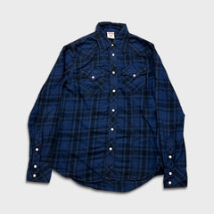 True Religion Shirt Mens Medium Blue Plaid Western Pearl Snap Long Sleeve Button Up
