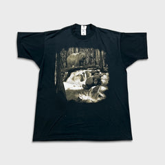 Vintage 90s Grizzly Bear Waterfall T Shirt Mens XL Black Nature Faded Animal Tee