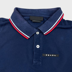 Prada Polo Shirt Mens Medium Blue Rubber Logo Contrast Tipped Faded Short Sleeve