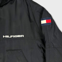 Vintage 90s Tommy Hilfiger Jacket Mens Small Black Tommy Flag Full Zip Oversized Coat