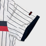 Vintage Y2K FUBU T Shirt Mens Large White Striped Spell Out Short Sleeve Tee