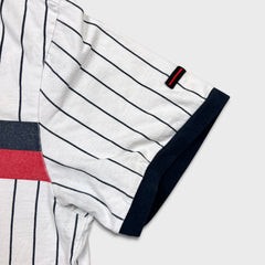 Vintage Y2K FUBU T Shirt Mens Large White Striped Spell Out Short Sleeve Tee