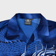 Vintage Y2K Relax Designs Dragon Shirt Mens 2XL Blue Kanji Silk Feel Button Up