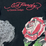 Vintage Y2K Ed Hardy Christian Audigier T Shirt Womens Small Black Faded Floral Graphic Top