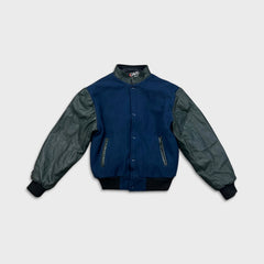 Vintage 90s Davis Sportswear Leather Jacket Mens Medium Blue Wool Letterman