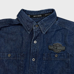 Vintage Harley Davidson Denim Shirt Mens Large Blue Dark Wash Western Button Up