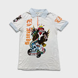 Vintage Y2K Ed Hardy Christian Audiger Polo Shirt Mens Small Grey New York USA Eagle Skull