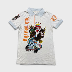 Vintage Y2K Ed Hardy Christian Audiger Polo Shirt Mens Small Grey New York USA Eagle Skull