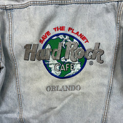 Vintage 90s Hard Rock Cafe Denim Jacket Mens Small Blue Save The Planet Orlando Distressed Trucker