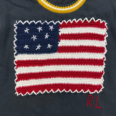Vintage 90s Polo Ralph Lauren Knit Sweater Mens Medium Blue USA American Flag Sweatshirt