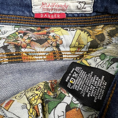 Vintage Y2K Ed Hardy Jeans Mens 34x32 Blue Slim Straight Distressed Dagger Denim Pants