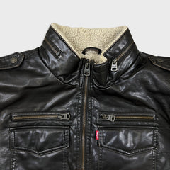 Levi's Faux Leather Jacket Mens Small Brown Aviator Bomber Sherpa Lined Coat