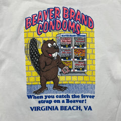 Vintage 1992 Beaver Brand Condoms T Shirt Mens Large White USA Single Stitch Humour