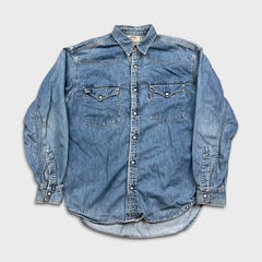 Vintage 90s Levi's Denim Shirt Men Medium Blue Light Wash Western Button Up