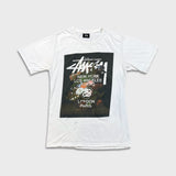 Stussy World Tour Floral T Shirt Mens Small White Distressed Faded Graphic Tee