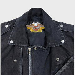 Vintage Y2K Harley Davidson Denim Jacket Womens Medium Black Motorcycle Biker Bomber