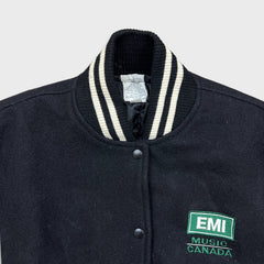 Vintage 90s EMI Music Canada Varsity Jacket Men Medium Black Wool Leather Bomber