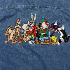 Vintage 1993 Looney Tunes Novel Teez Denim Shirt Mens XL Blue Tune Squad Button Up