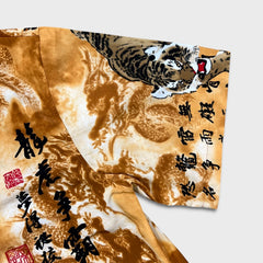 Vintage Y2K Tiger Dragon Shirt Mens 3XL Yellow Button Up All Over Print Calligraphy
