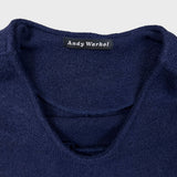 Vintage 90s Andy Warhol Dress Medium Blue Batwing Dolman Blouson Knit Sheath Midi