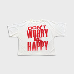Vintage 80s Dont Worry Be Happy T Shirt Womens Medium White Crop Single Stitch Boxy