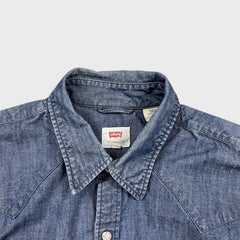 Levi's Barstow Western Denim Shirt Mens Medium Blue Dark Wash Stretch Pearl Snap
