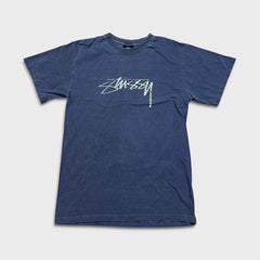 Stussy T Shirt Mens Small Blue Faded Washed Classic Logo Spell Out Graphic Tee
