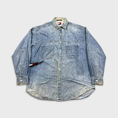 Vintage 90s Tommy Hilfiger Denim Shirt Mens Large Blue Tommy Jeans Button Up