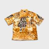 Vintage Y2K Tiger Dragon Shirt Mens 3XL Yellow Button Up All Over Print Calligraphy