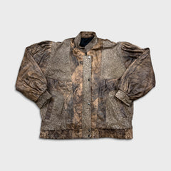 Vintage 90s Leather Jacket Mens Medium Brown Faded Aztec Geometric Print Bomber Coat