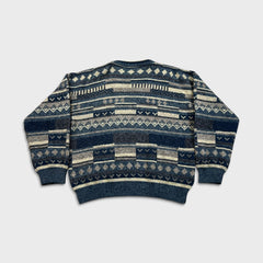 Vintage 90s Wool Knit Geometric Sweater Mens Medium Blue Italy Pullover