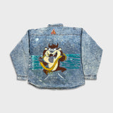 Vintage 90s Tazmanian Devil Denim Shirt Mens XL Blue Acid Wash Looney Tunes Button Up