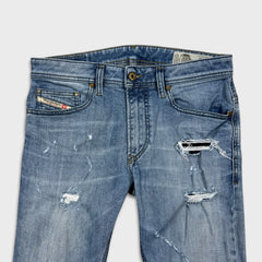 Diesel Jeans Mens 32x31 Blue Thavar Slim Skinny Light Wash Distressed Denim Pants