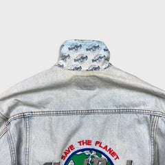 Vintage 90s Hard Rock Cafe Denim Jacket Mens Small Blue Save The Planet Orlando Distressed Trucker