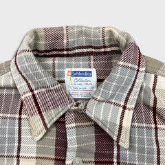 Vintage 70s Golden Key Plaid Flannel Mens XL Beige Workwear Distressed Button Up