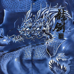 Vintage Y2K Relax Designs Dragon Shirt Mens 2XL Blue Kanji Silk Feel Button Up
