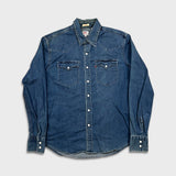 Levi's Barstow Western Denim Shirt Mens Medium Blue Dark Wash Stretch Pearl Snap