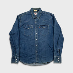 Levi's Barstow Western Denim Shirt Mens Medium Blue Dark Wash Stretch Pearl Snap
