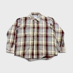 Vintage 70s Golden Key Plaid Flannel Mens XL Beige Workwear Distressed Button Up