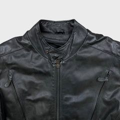 Vintage Y2K Leather Jacket Mens XL Black Moto Biker Multi Zipper Heavy Bomber