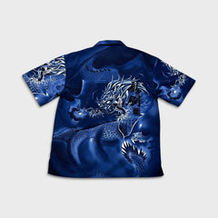 Vintage Y2K Relax Designs Dragon Shirt Mens 2XL Blue Kanji Silk Feel Button Up