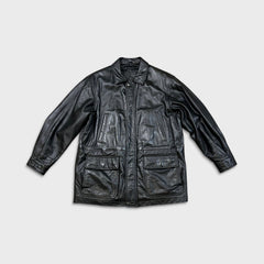 Vintage 90s Moores Bostonian Leather Jacket Mens Large Black Heavy Car Coat