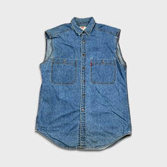 Vintage 90s Levi's Denim Shirt Mens Medium Blue Double Pocket Sleeveless Button Up Vest