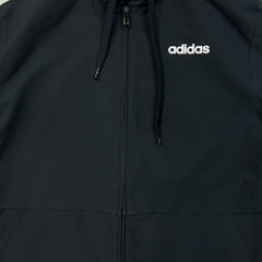Adidas Essentials Jacket Mens Small Black 3 Stripe Full Zip Hooded Windbreaker